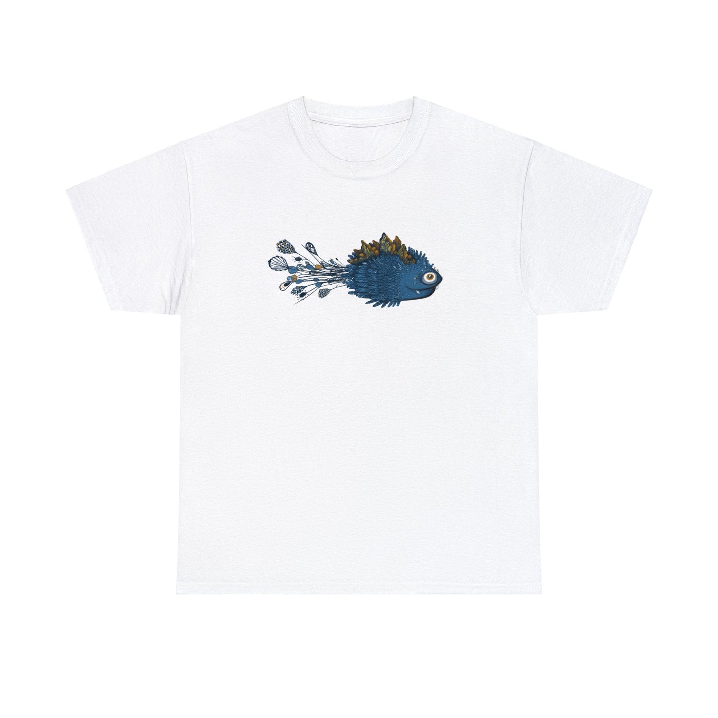 Unisex heavy cotton tee with fish design by Bahareh Mortazavi, medium fabric, ethically made.