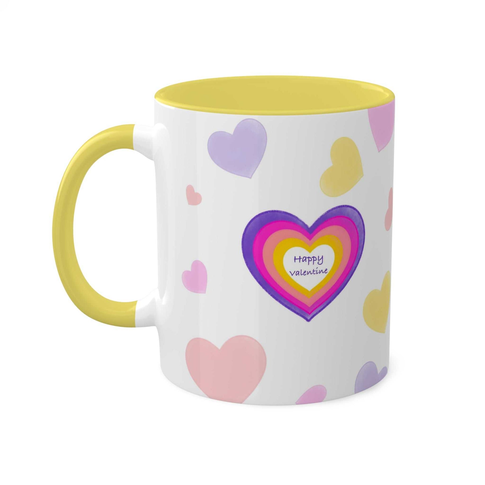 Love Mug MODEL B-V-10 with colorful heart design and yellow interior.