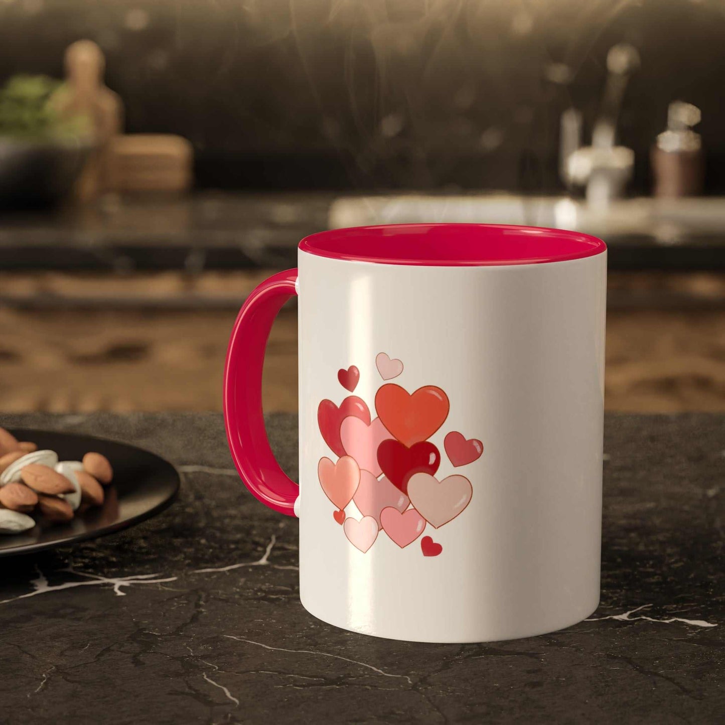 Love Mug MODEL B-V-4 with romantic heart design on kitchen counter.