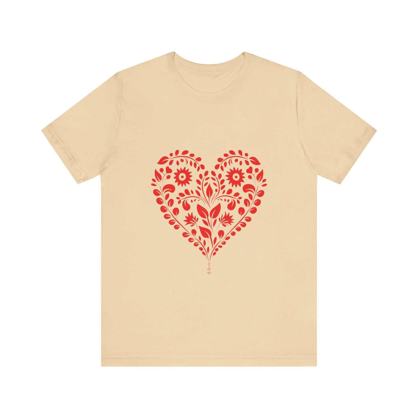 Valentine's Day shirt with decorative heart design on beige fabric.