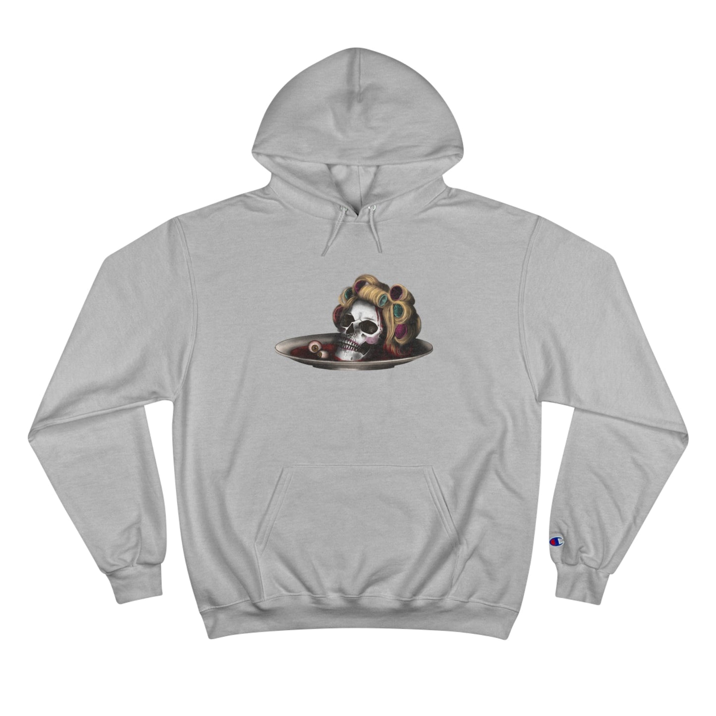 Halloween Champion Hoodie with skull design, featuring cozy medium-weight fabric and iconic 'C' logo on sleeve.