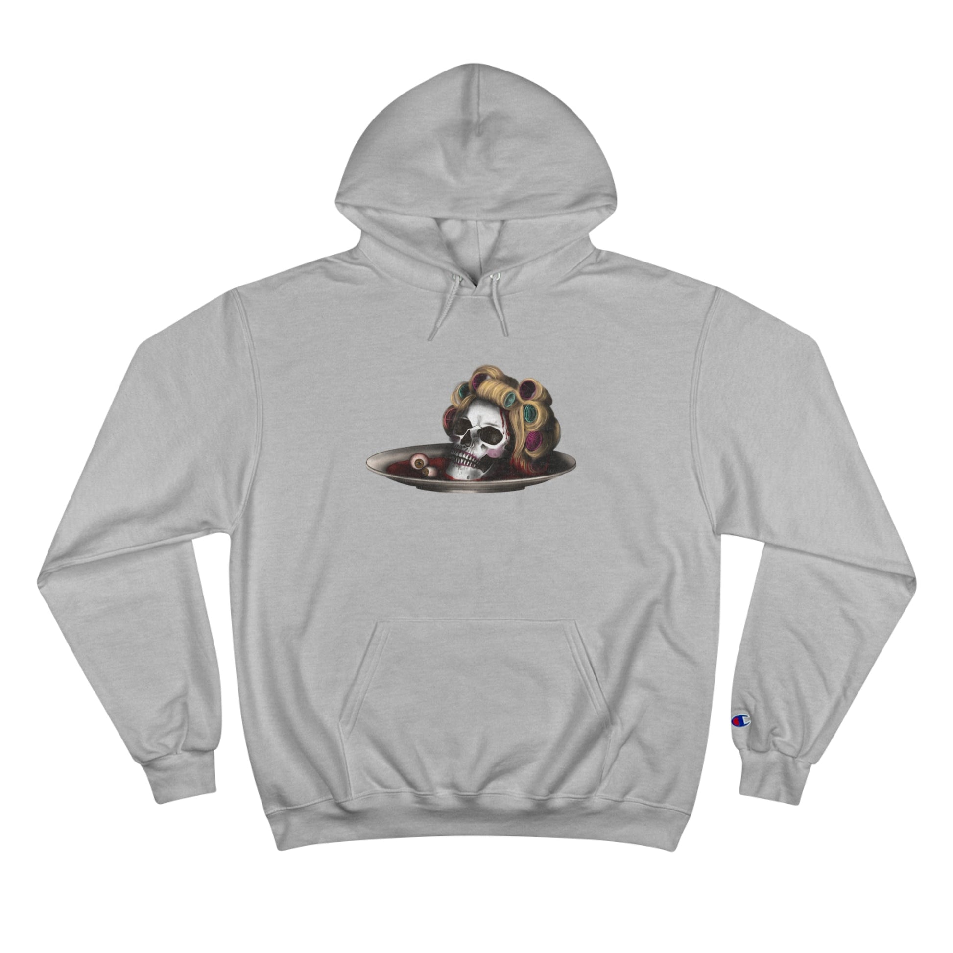 Halloween Champion Hoodie with skull design, featuring cozy medium-weight fabric and iconic 'C' logo on sleeve.