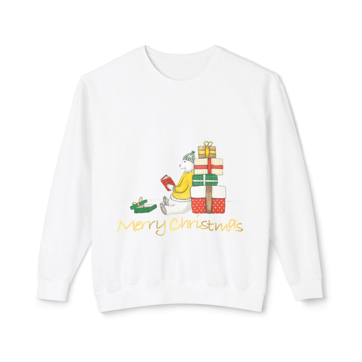 Christmas-themed unisex lightweight crewneck sweatshirt featuring festive design with "Merry Christmas" text and holiday gifts.