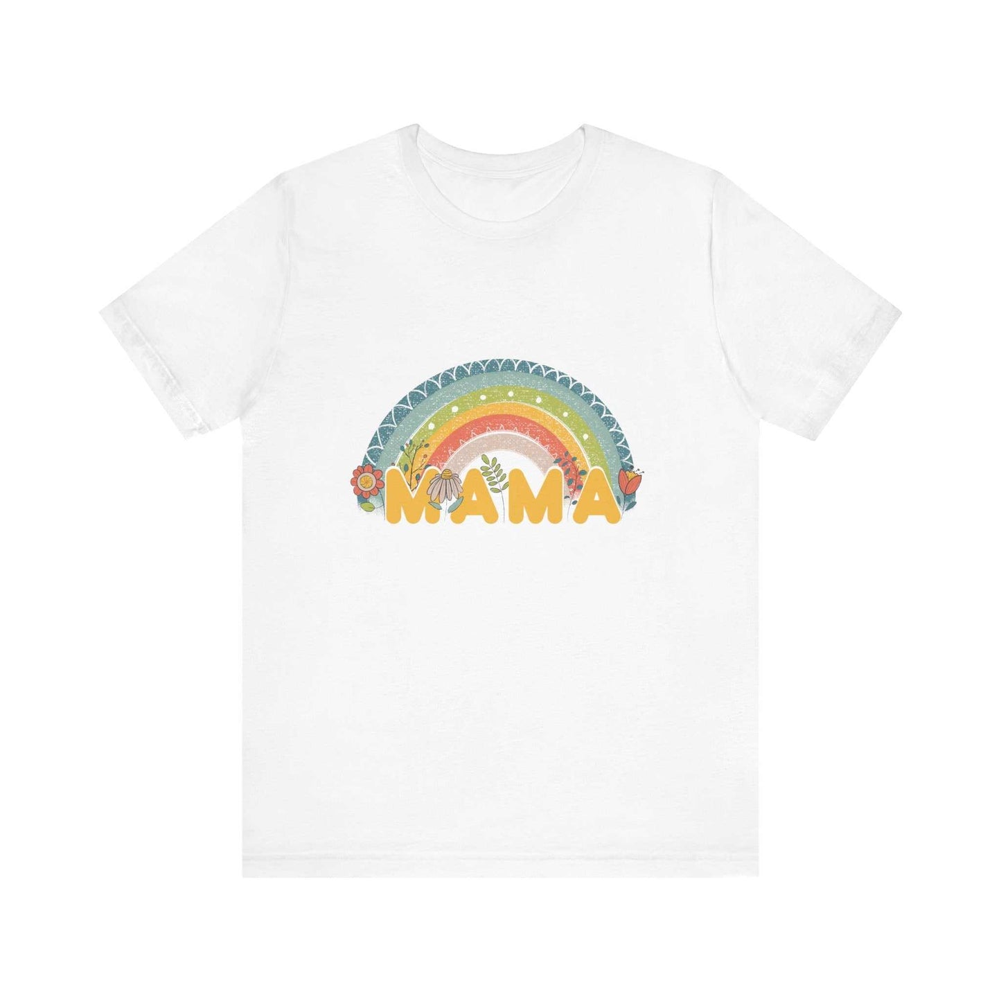 Unisex jersey short sleeve tee with rainbow "MAMA" design by Bahare Mortazavi, perfect for Mother's Day.