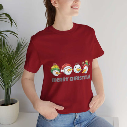 Christmas snowman shirt with "Merry Christmas" text, perfect holiday gift for men and women.