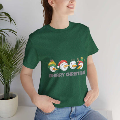 Christmas snowman shirt with "Merry Christmas" text, ideal holiday gift for men and women.