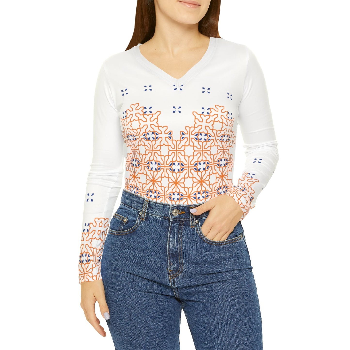 Women's Long Sleeve V-neck Shirt (AOP), MODEL B-P-3