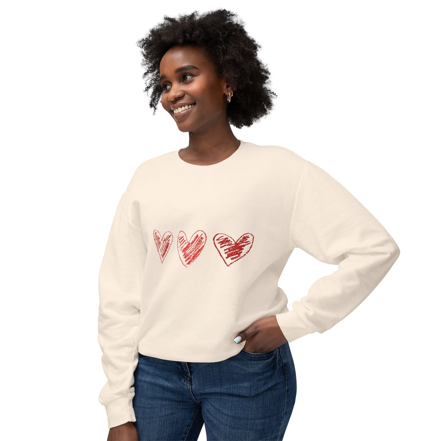 Valentine heart sweatshirt with red heart designs, perfect Valentine's Day gift.