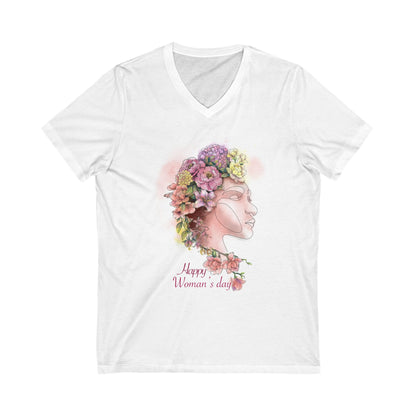 Floral V-Neck Tee - Happy Woman's Day Design, Gift for Her, Women's Day Celebration, Affirmation Shirt, Spring Fashion, Best Gift