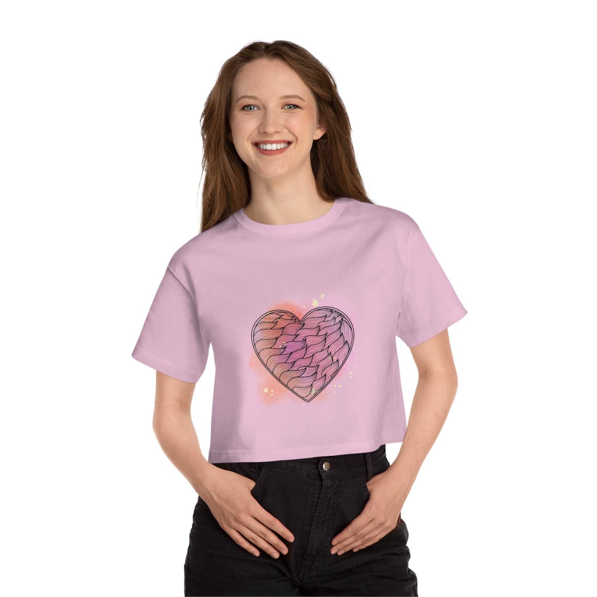 Valentine's Day pink crop top with heart design, perfect gift for her.